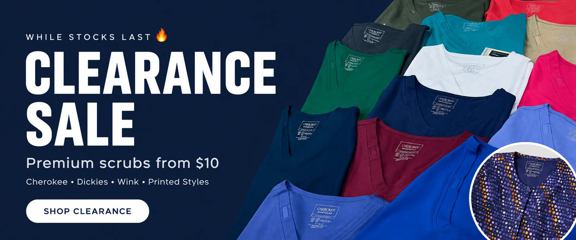 Clearance sale banner for premium scrubs with various colors and brands. Clearance Sale Banner | Infectious