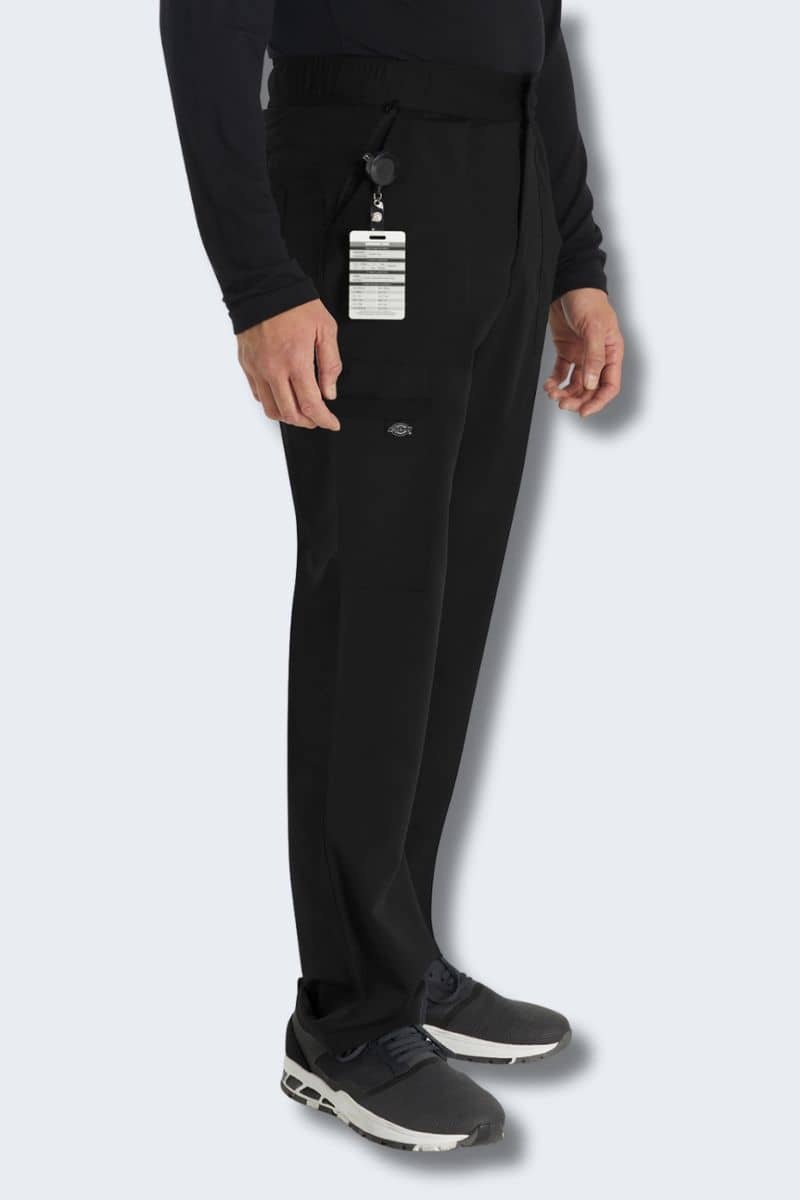 Person wearing black pants with a Dickies logo on a white background. Dickies DK220