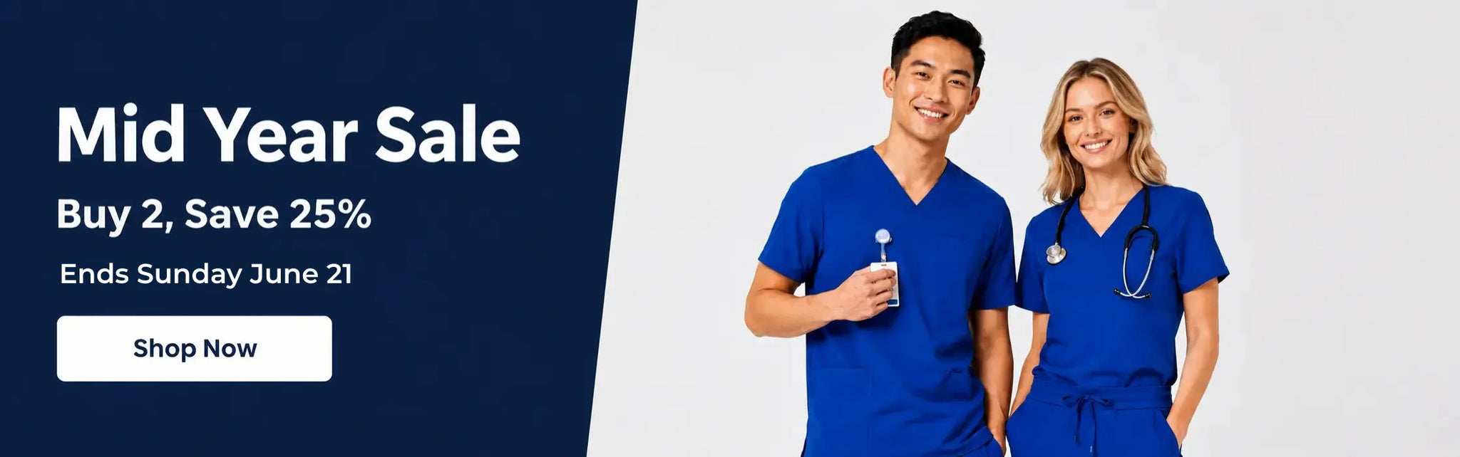 Promotional banner for a mid-year sale with two people in blue scrubs on a white background.
