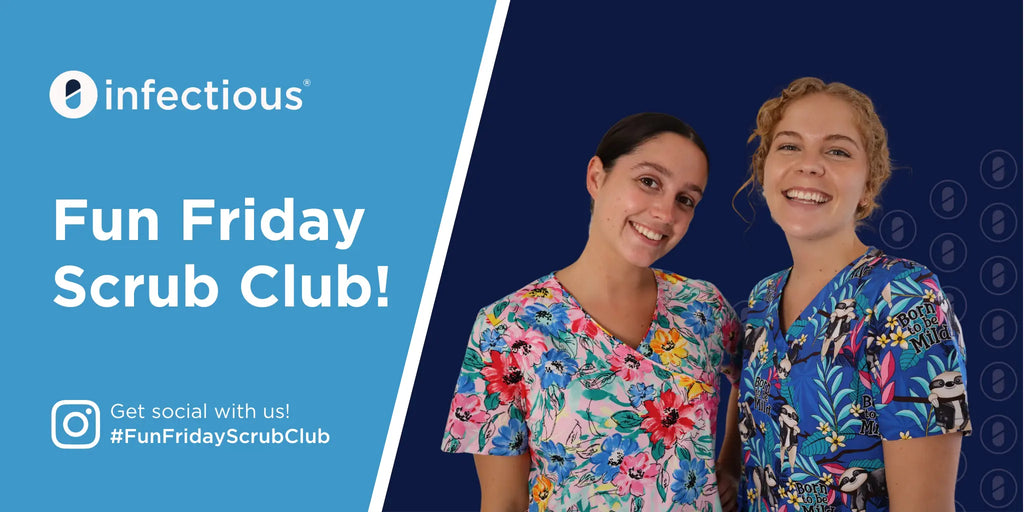 Two women in colorful scrubs with 'infectious' branding and '#FunFridayScrubClub' text.