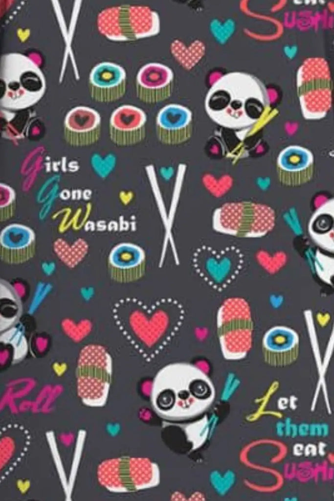 Patterned fabric with panda bears, sushi, and text on a dark background