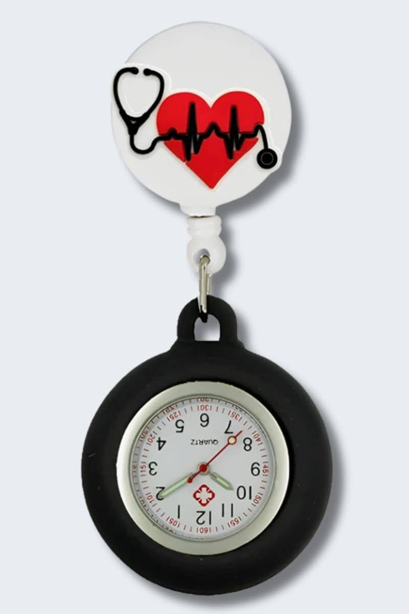 Fob watch with a heart and stethoscope design on a white background. Infectious.com.au fun nurse accessories