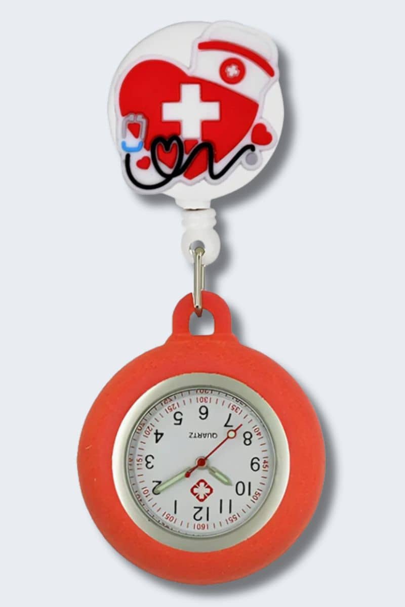Retractable pocket watch with red and white design on a light gray background. Infectious.com.au fun nurse accessories