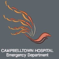 Logo of Campbelltown Hospital Emergency Department with flames on a dark background