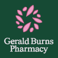 Gerald Burns Pharmacy logo with pink floral design on a green background