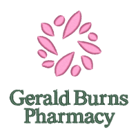 Gerald Burns Pharmacy logo with pink floral design on a white background
