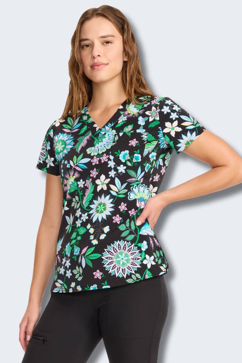 MC632 Med Couture Bohemian Bloom V-Neck Printed Scrub Top,Infectious Clothing Company