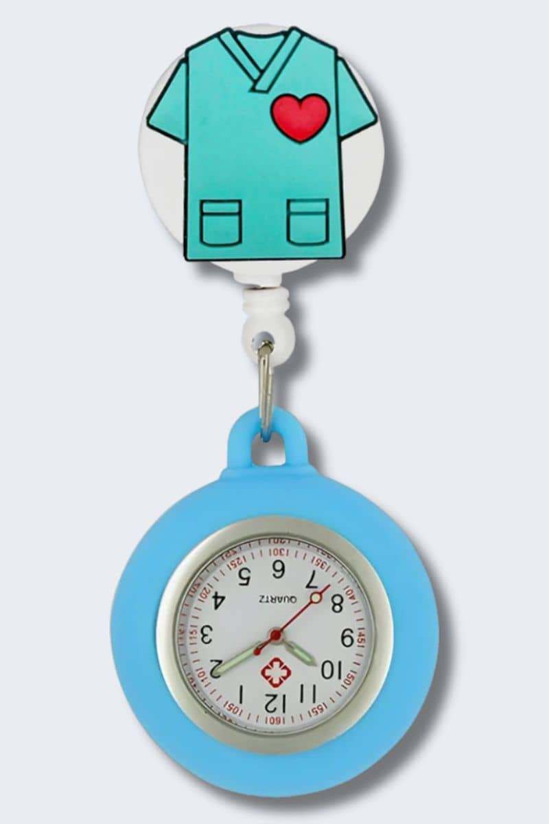 Retractable nurse's watch with a blue case and green scrub top design on a white background. Infectious.com.au fun nurse accessories