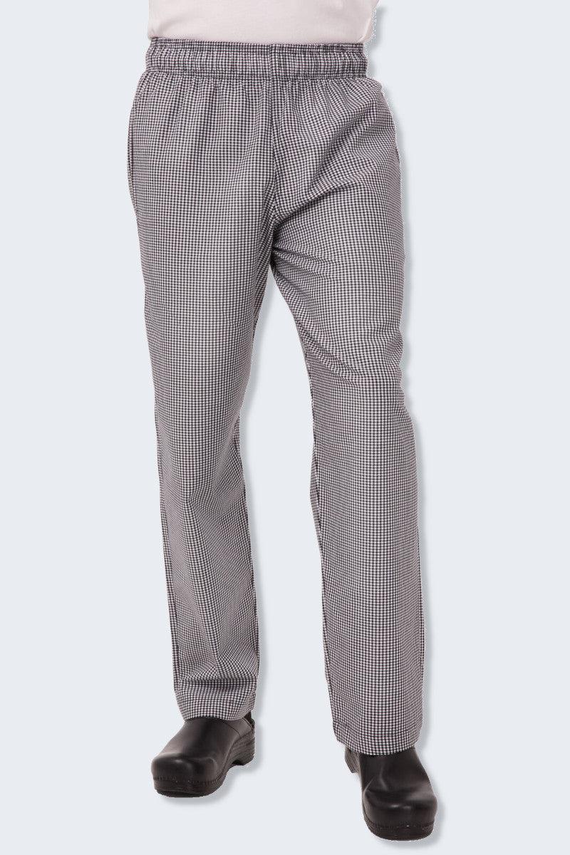 Checkered pants worn by a person on a white background. Chef Works NBCP Chef Pants Men's Baggy