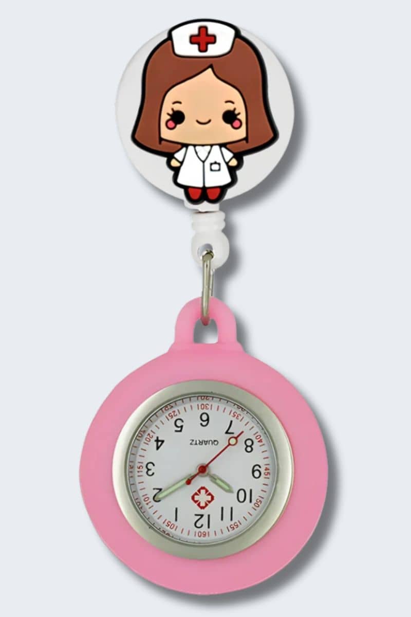 Pink fob watch with cartoon nurse character on a white background. Infectious.com.au fun nurse accessories
