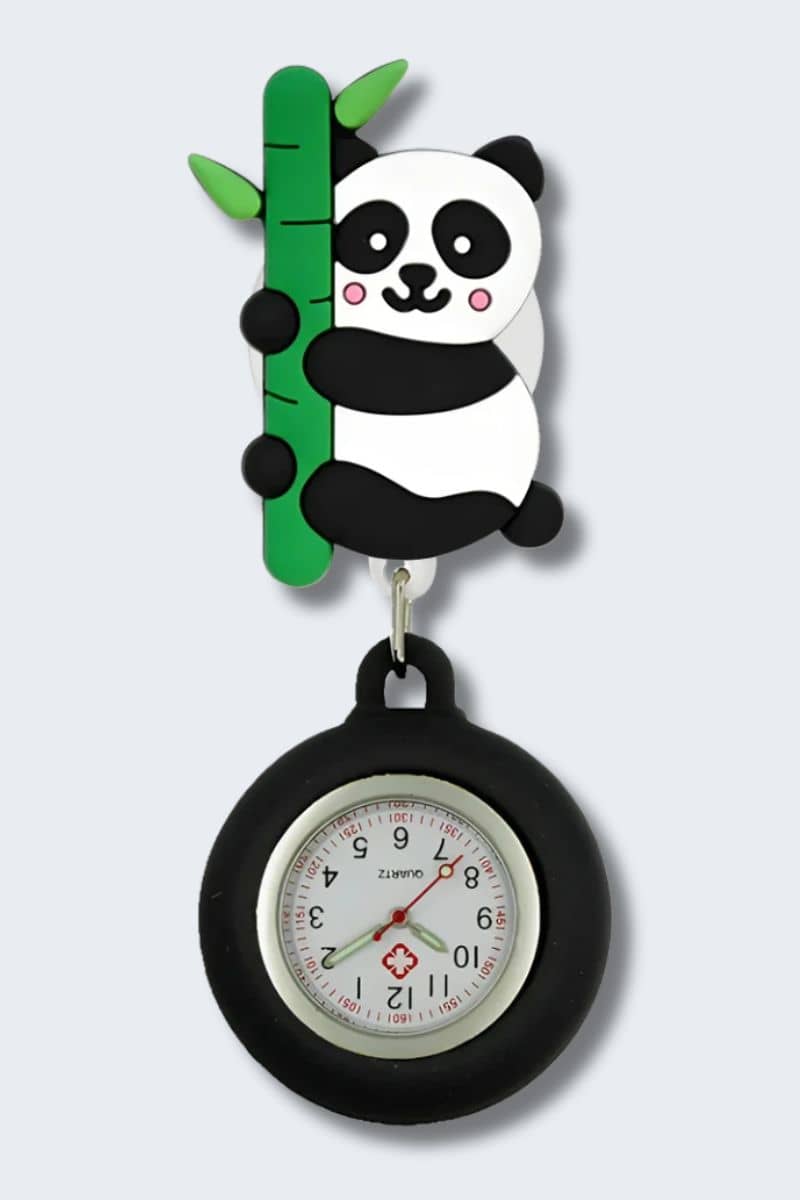 Fob watch with panda design on a light gray background