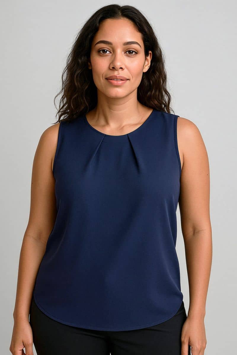 Woman wearing a navy blue sleeveless top against a gray background