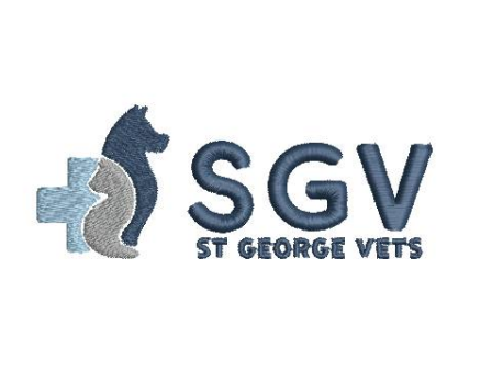 Logo of St George Vets with a stylized dog and cross on a white background