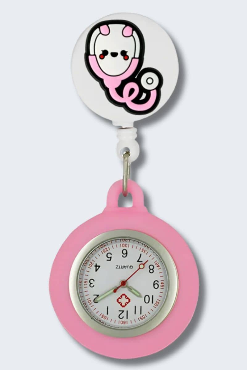 Pink watch with cartoon character on a white background. Infectious.com.au fun nurse accessories