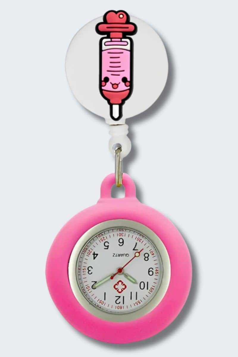 Pink watch with a cartoon syringe design on a white background. Infectious.com.au fun nurse accessories