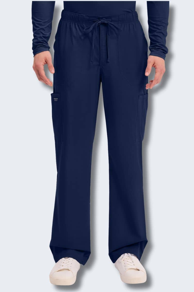 Navy blue scrubs with a drawstring waist on a white background. Cherokee WW190 Men's Scrub Pants Navy