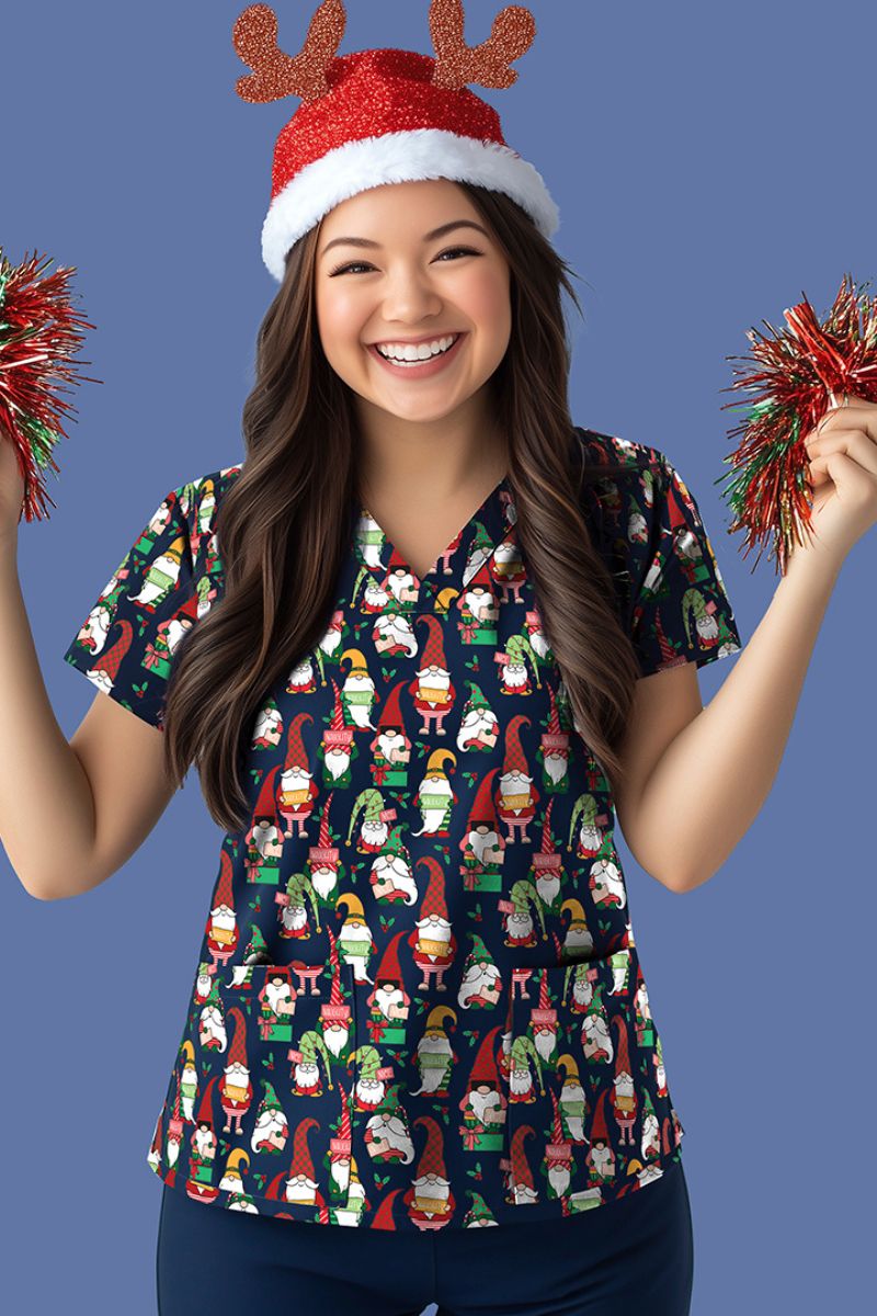 CST547LS Christmas Gnomes Women's Christmas Scrub Top,Infectious Clothing Company