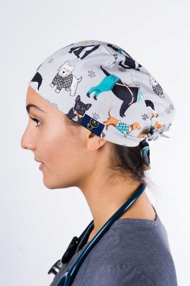SC-01 Dr. Woof Hipster Dogs Printed Scrub Hat with back-tie,Infectious Clothing Company