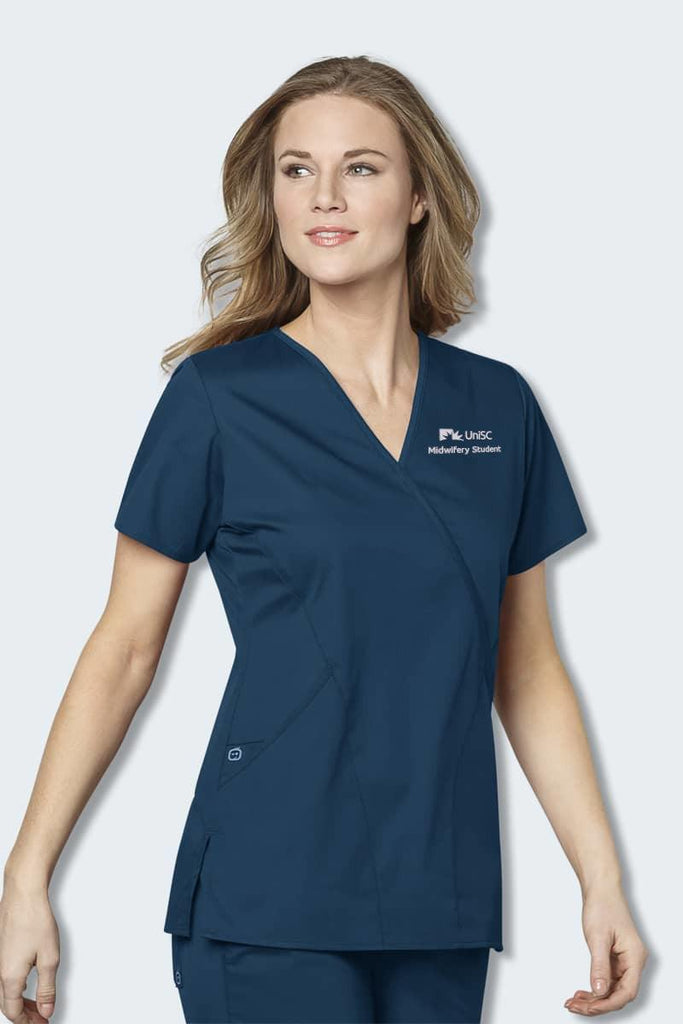 102 UniSC Midwifery WonderWORK Women's Mock Wrap Scrub Top,Infectious Clothing Company