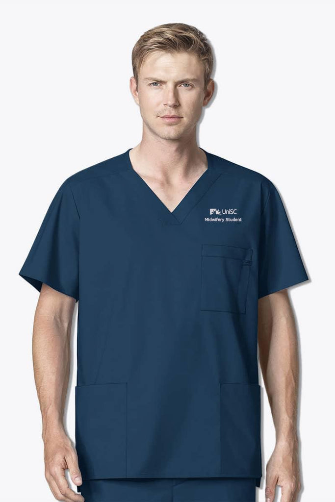 103 UniSC Midwifery WonderWORK Men's Multi-Pocket Scrub Top,Infectious Clothing Company