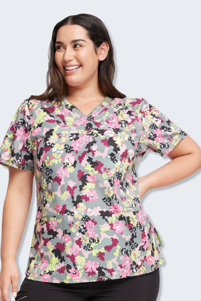 CK634 Cherokee Infinity Women's Floral Camo-tion Print Scrub Top,Infectious Clothing Company