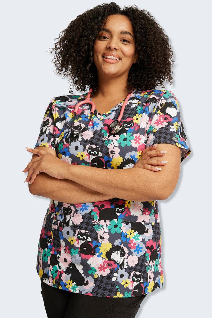 DK616 Dickies Women's Fur-ever Floral Print Scrub Top,Infectious Clothing Company