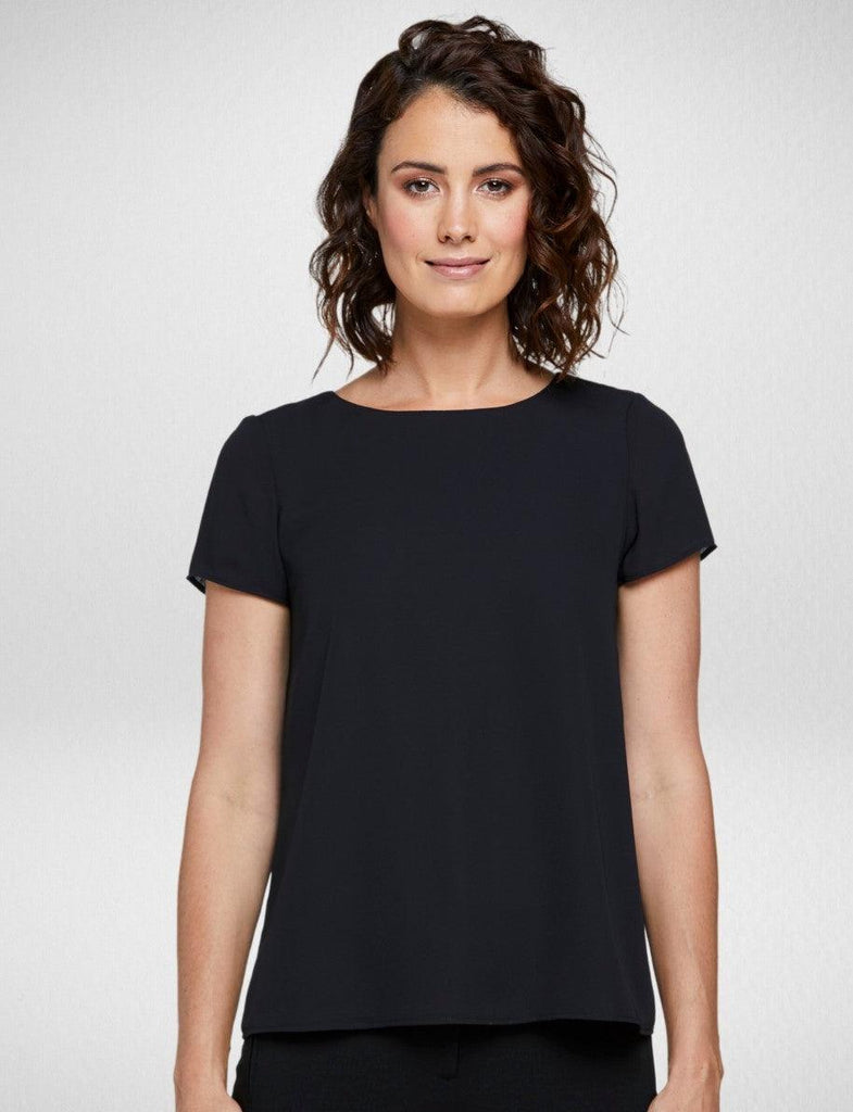 6051S81 Corporate Reflections Harmony Asymmetric Back Short Sleeve Blouse,Infectious Clothing Company